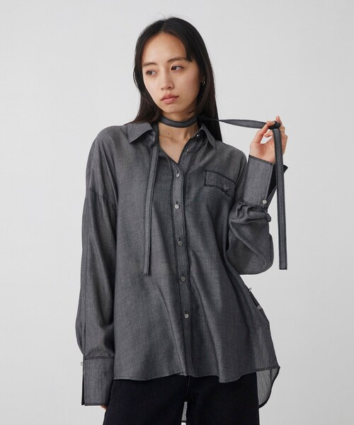 UNITED TOKYO(ユナイテッドトウキョウ)の「【大人気!】シアーデニムトリムシャツ|ウォッシャブル/夏服(シャツ/ブラウス・レディース・グレー/ブラック/サックスブルー・FREE)」の6枚目の写真