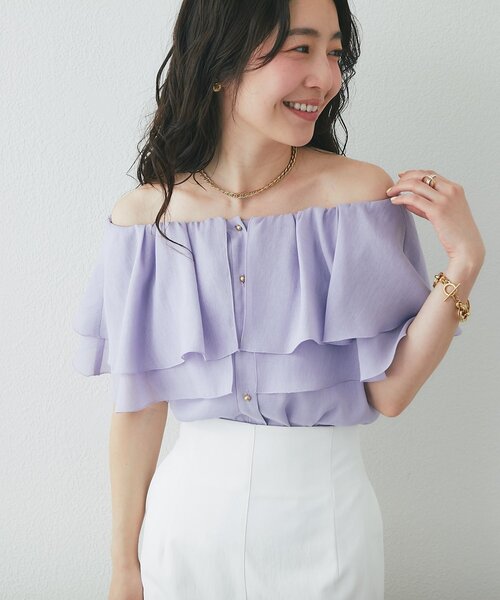 La boutique BonBon(ラブティックボンボン)の「【差がつく上品見え】ケープ風ノースリブラウス(シャツ/ブラウス・レディース・アイボリー/バイオレット/ネイビー・FREE)」の1枚目の写真