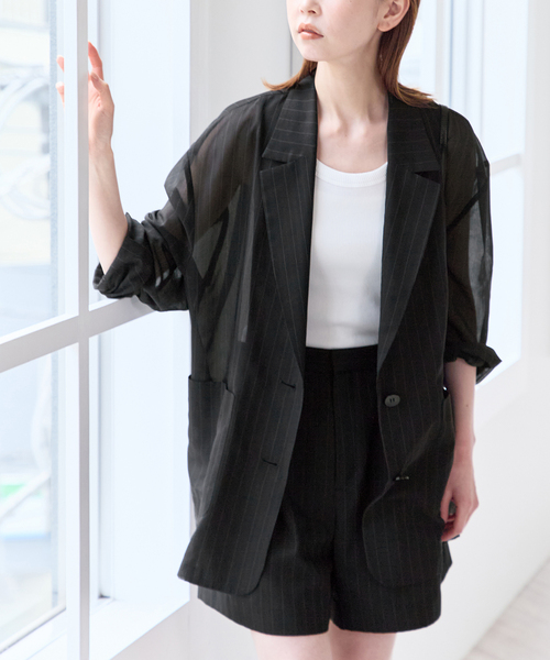 U by SPICK&SPAN(ユーバイスピックアンドスパン)の「《追加》シアーオーバージャケット(テーラードジャケット・レディース・サックスブルー/ブラック・36/38)」の14枚目の写真