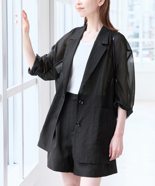 U by SPICK&SPAN(ユーバイスピックアンドスパン)の「《追加》シアーオーバージャケット(テーラードジャケット・レディース・サックスブルー/ブラック・36/38)」の16枚目の写真