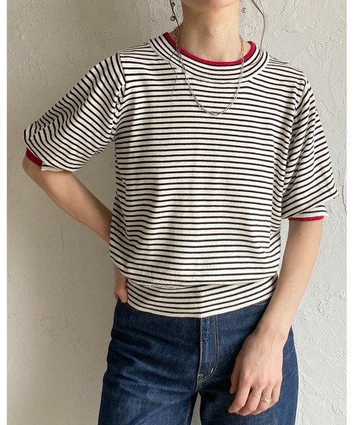 She's Closet(シーズクローゼット)の「パフスリーブ ショート丈 半袖 配色バイカラー レイヤード風 サマーニット トップス(ニット/セーター・レディース・ブラック/アイボリー/グレー・FREE)」の16枚目の写真