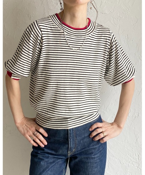 She's Closet(シーズクローゼット)の「パフスリーブ ショート丈 半袖 配色バイカラー レイヤード風 サマーニット トップス(ニット/セーター・レディース・ブラック/アイボリー/グレー・FREE)」の15枚目の写真