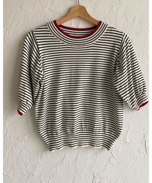 She's Closet(シーズクローゼット)の「パフスリーブ ショート丈 半袖 配色バイカラー レイヤード風 サマーニット トップス(ニット/セーター・レディース・ブラック/アイボリー/グレー・FREE)」の5枚目の写真