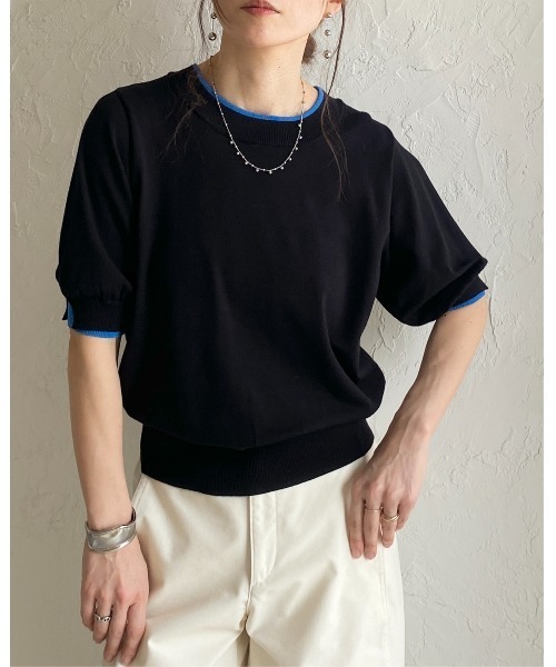 She's Closet(シーズクローゼット)の「パフスリーブ ショート丈 半袖 配色バイカラー レイヤード風 サマーニット トップス(ニット/セーター・レディース・ブラック/アイボリー/グレー・FREE)」の8枚目の写真