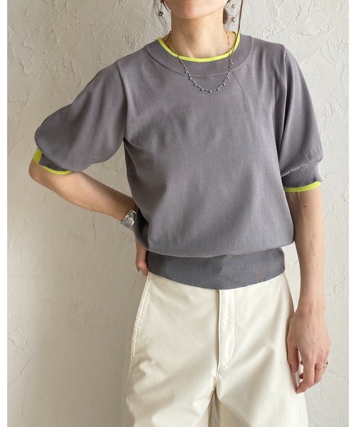 She's Closet(シーズクローゼット)の「パフスリーブ ショート丈 半袖 配色バイカラー レイヤード風 サマーニット トップス(ニット/セーター・レディース・ブラック/アイボリー/グレー・FREE)」の9枚目の写真