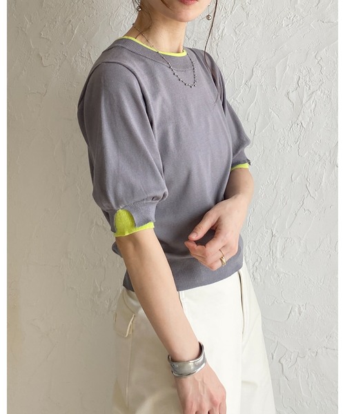 She's Closet(シーズクローゼット)の「パフスリーブ ショート丈 半袖 配色バイカラー レイヤード風 サマーニット トップス(ニット/セーター・レディース・ブラック/アイボリー/グレー・FREE)」の4枚目の写真
