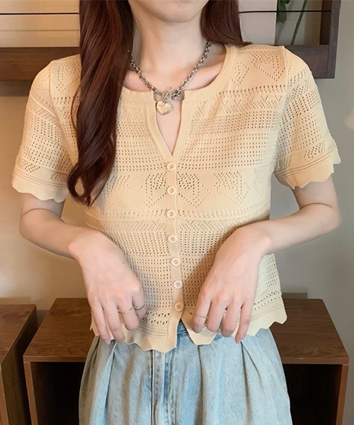 gossip!ロサンゼルス(ゴシップロサンゼルス)の「YUGA 透かし編み(ポインテールニット)カーディガン トップス(Tシャツ/カットソー・レディース・ブルー/ピンク/イエロー/オフホワイト/ホワイト/ブラック・FREE)」の3枚目の写真