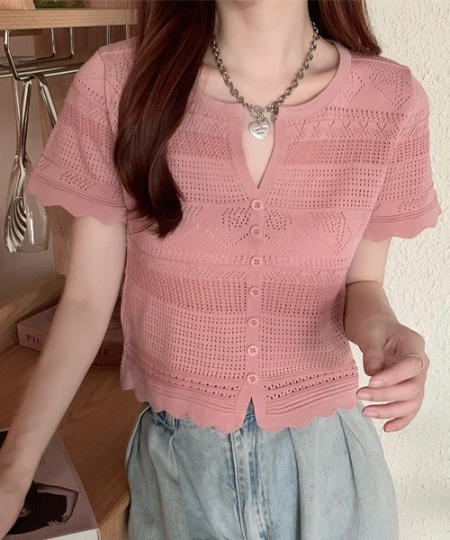 gossip!ロサンゼルス(ゴシップロサンゼルス)の「YUGA 透かし編み(ポインテールニット)カーディガン トップス(Tシャツ/カットソー・レディース・ブルー/ピンク/イエロー/オフホワイト/ホワイト/ブラック・FREE)」の6枚目の写真