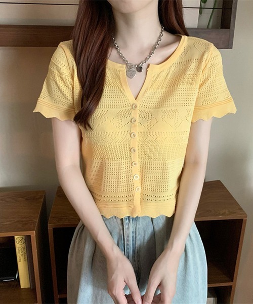 gossip!ロサンゼルス(ゴシップロサンゼルス)の「YUGA 透かし編み(ポインテールニット)カーディガン トップス(Tシャツ/カットソー・レディース・ブルー/ピンク/イエロー/オフホワイト/ホワイト/ブラック・FREE)」の5枚目の写真