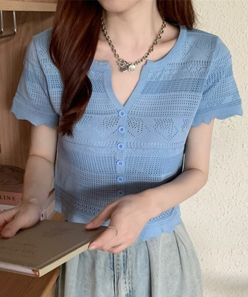 gossip!ロサンゼルス(ゴシップロサンゼルス)の「YUGA 透かし編み(ポインテールニット)カーディガン トップス(Tシャツ/カットソー・レディース・ブルー/ピンク/イエロー/オフホワイト/ホワイト/ブラック・FREE)」の10枚目の写真