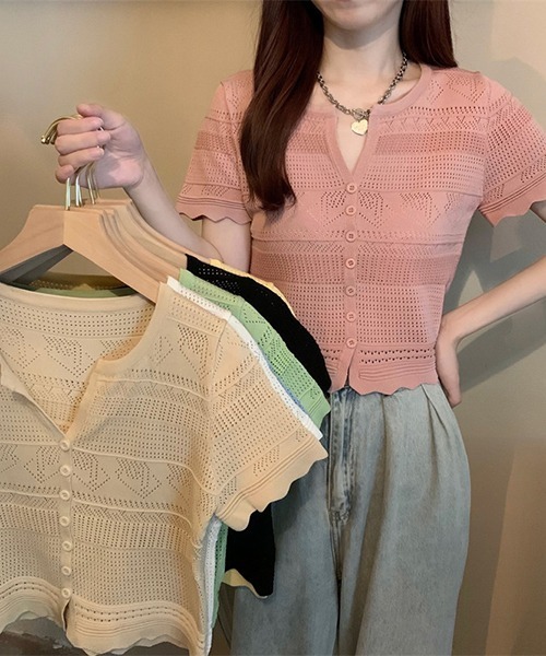 gossip!ロサンゼルス(ゴシップロサンゼルス)の「YUGA 透かし編み(ポインテールニット)カーディガン トップス(Tシャツ/カットソー・レディース・ブルー/ピンク/イエロー/オフホワイト/ホワイト/ブラック・FREE)」の12枚目の写真