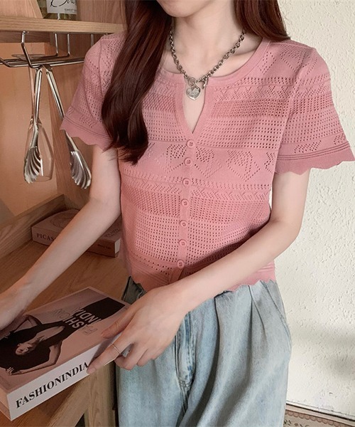 gossip!ロサンゼルス(ゴシップロサンゼルス)の「YUGA 透かし編み(ポインテールニット)カーディガン トップス(Tシャツ/カットソー・レディース・ブルー/ピンク/イエロー/オフホワイト/ホワイト/ブラック・FREE)」の8枚目の写真