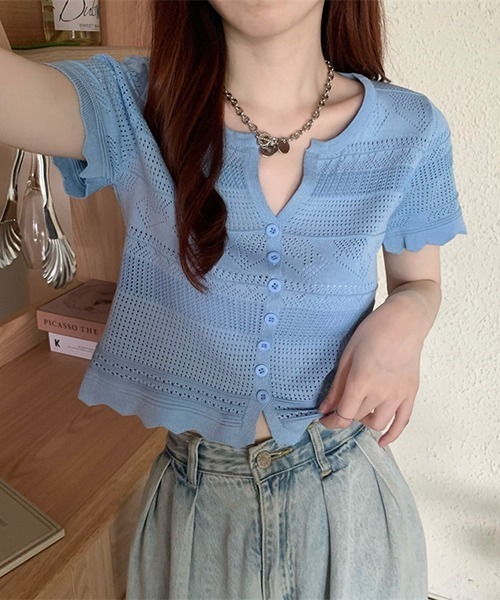gossip!ロサンゼルス(ゴシップロサンゼルス)の「YUGA 透かし編み(ポインテールニット)カーディガン トップス(Tシャツ/カットソー・レディース・ブルー/ピンク/イエロー/オフホワイト/ホワイト/ブラック・FREE)」の13枚目の写真