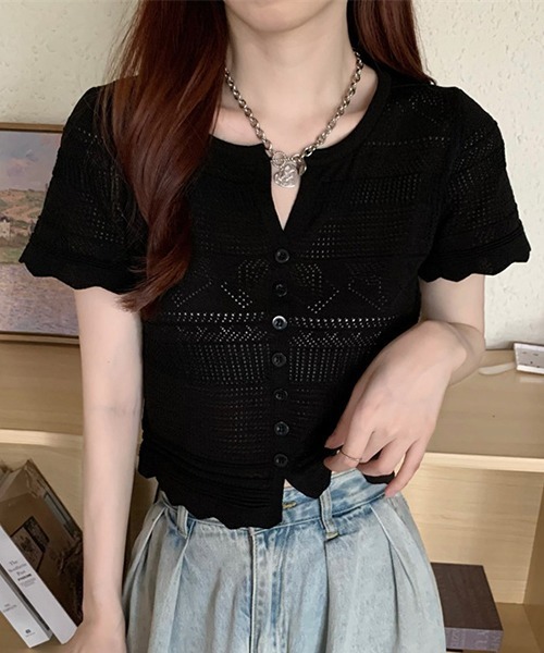 gossip!ロサンゼルス(ゴシップロサンゼルス)の「YUGA 透かし編み(ポインテールニット)カーディガン トップス(Tシャツ/カットソー・レディース・ブルー/ピンク/イエロー/オフホワイト/ホワイト/ブラック・FREE)」の14枚目の写真