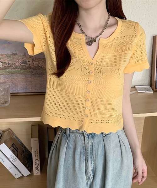 gossip!ロサンゼルス(ゴシップロサンゼルス)の「YUGA 透かし編み(ポインテールニット)カーディガン トップス(Tシャツ/カットソー・レディース・ブルー/ピンク/イエロー/オフホワイト/ホワイト/ブラック・FREE)」の11枚目の写真