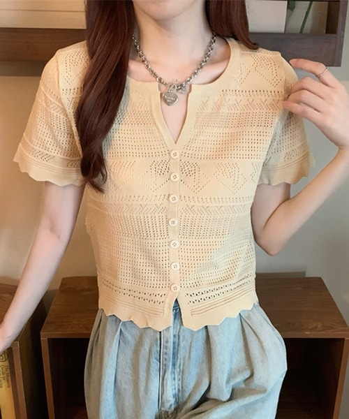 gossip!ロサンゼルス(ゴシップロサンゼルス)の「YUGA 透かし編み(ポインテールニット)カーディガン トップス(Tシャツ/カットソー・レディース・ブルー/ピンク/イエロー/オフホワイト/ホワイト/ブラック・FREE)」の18枚目の写真