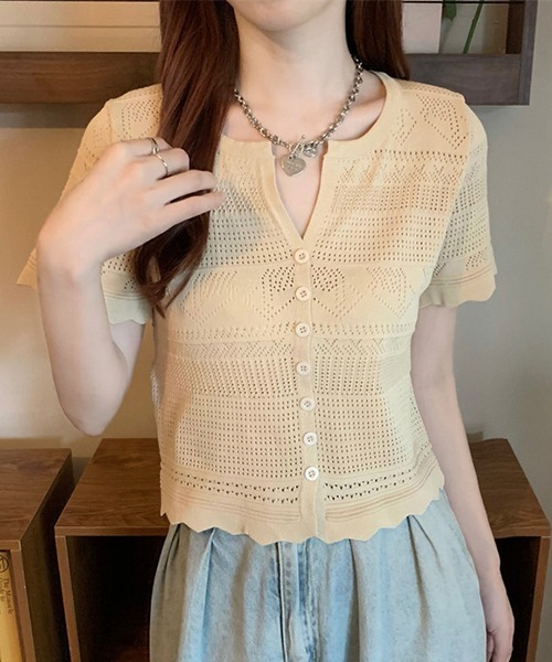 gossip!ロサンゼルス(ゴシップロサンゼルス)の「YUGA 透かし編み(ポインテールニット)カーディガン トップス(Tシャツ/カットソー・レディース・ブルー/ピンク/イエロー/オフホワイト/ホワイト/ブラック・FREE)」の20枚目の写真