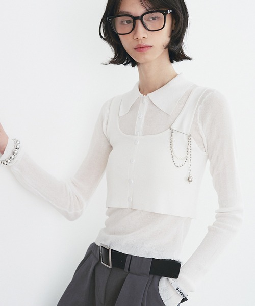 SOEMIN(ソミン)の「Sheer layered knit/ビスチェレイヤードシアーポロニット(ニット/セーター・レディース・ホワイト/ブラック/グレー・FREE)」の2枚目の写真