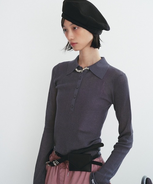 SOEMIN(ソミン)の「Sheer layered knit/ビスチェレイヤードシアーポロニット(ニット/セーター・レディース・ホワイト/ブラック/グレー・FREE)」の11枚目の写真