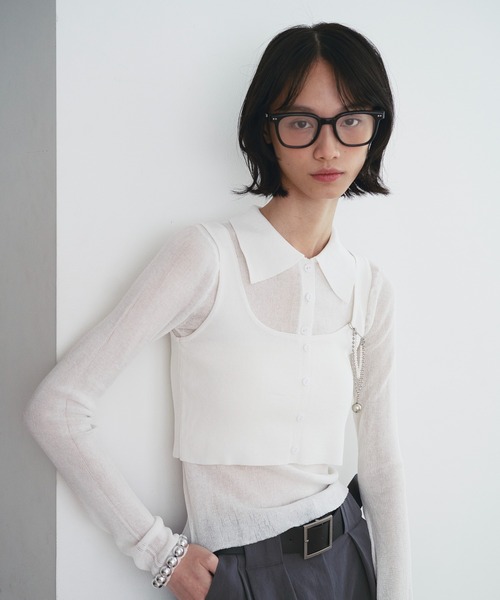 SOEMIN(ソミン)の「Sheer layered knit/ビスチェレイヤードシアーポロニット(ニット/セーター・レディース・ホワイト/ブラック/グレー・FREE)」の15枚目の写真