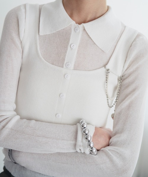 SOEMIN(ソミン)の「Sheer layered knit/ビスチェレイヤードシアーポロニット(ニット/セーター・レディース・ホワイト/ブラック/グレー・FREE)」の17枚目の写真