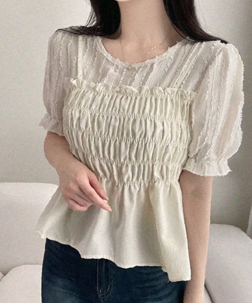 VIVID LADY(ビビッドレディー)の「フリンジジャガード ペプラム半袖ブラウス(シャツ/ブラウス・レディース・ブラック/クリーム・FREE)」の4枚目の写真