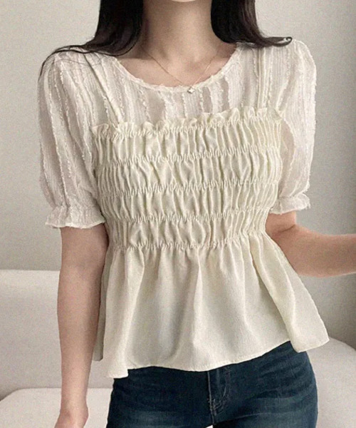 VIVID LADY(ビビッドレディー)の「フリンジジャガード ペプラム半袖ブラウス(シャツ/ブラウス・レディース・ブラック/クリーム・FREE)」の6枚目の写真