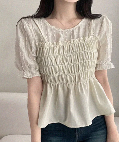 VIVID LADY(ビビッドレディー)の「フリンジジャガード ペプラム半袖ブラウス(シャツ/ブラウス・レディース・ブラック/クリーム・FREE)」の7枚目の写真