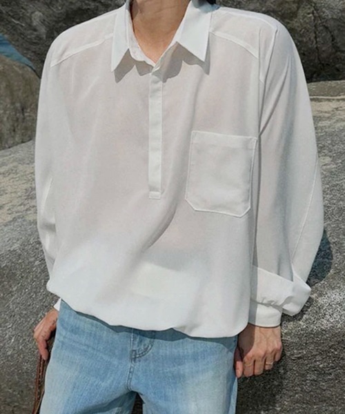 NOWLE(ノウル)の「【NOWLE】とろみ素材 ハーフボタン プルオーバー長袖シャツ / ルーズシルエット 裾リブ ギミックトップス(シャツ/ブラウス・メンズ・ホワイト/ブラック・LARGE/MEDIUM)」の12枚目の写真