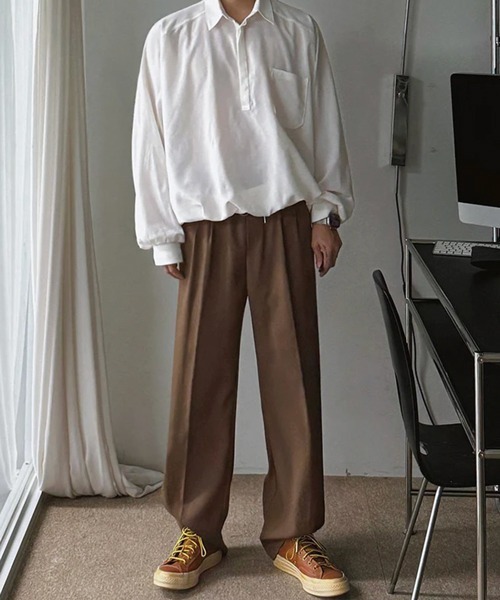 NOWLE(ノウル)の「【NOWLE】とろみ素材 ハーフボタン プルオーバー長袖シャツ / ルーズシルエット 裾リブ ギミックトップス(シャツ/ブラウス・メンズ・ホワイト/ブラック・LARGE/MEDIUM)」の7枚目の写真