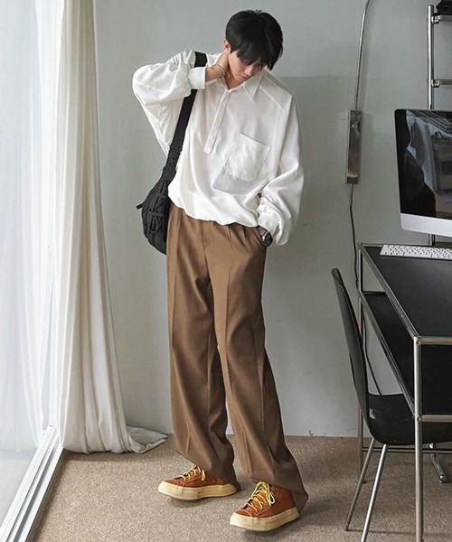 NOWLE(ノウル)の「【NOWLE】とろみ素材 ハーフボタン プルオーバー長袖シャツ / ルーズシルエット 裾リブ ギミックトップス(シャツ/ブラウス・メンズ・ホワイト/ブラック・LARGE/MEDIUM)」の5枚目の写真