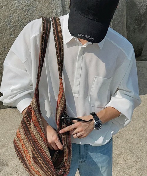 NOWLE(ノウル)の「【NOWLE】とろみ素材 ハーフボタン プルオーバー長袖シャツ / ルーズシルエット 裾リブ ギミックトップス(シャツ/ブラウス・メンズ・ホワイト/ブラック・LARGE/MEDIUM)」の21枚目の写真
