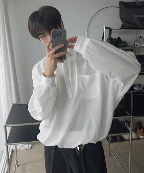 NOWLE(ノウル)の「【NOWLE】とろみ素材 ハーフボタン プルオーバー長袖シャツ / ルーズシルエット 裾リブ ギミックトップス(シャツ/ブラウス・メンズ・ホワイト/ブラック・LARGE/MEDIUM)」の14枚目の写真