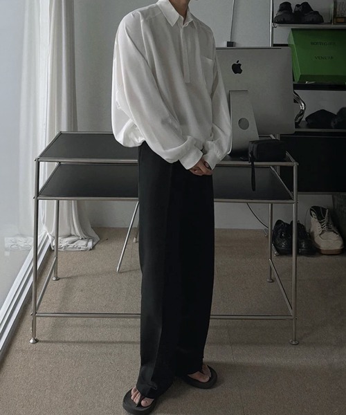 NOWLE(ノウル)の「【NOWLE】とろみ素材 ハーフボタン プルオーバー長袖シャツ / ルーズシルエット 裾リブ ギミックトップス(シャツ/ブラウス・メンズ・ホワイト/ブラック・LARGE/MEDIUM)」の13枚目の写真