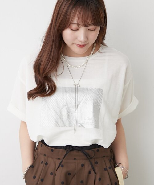 Remind me and forever（リマインドミーアンドフォーエバー）の「【ひんやりタッチ】接触冷感カノコ箔かすれプリントＴシャツ（Tシャツ/カットソー・レディース・オフホワイト/チャコールグレー/ブラック・FREE）」の5枚目の写真