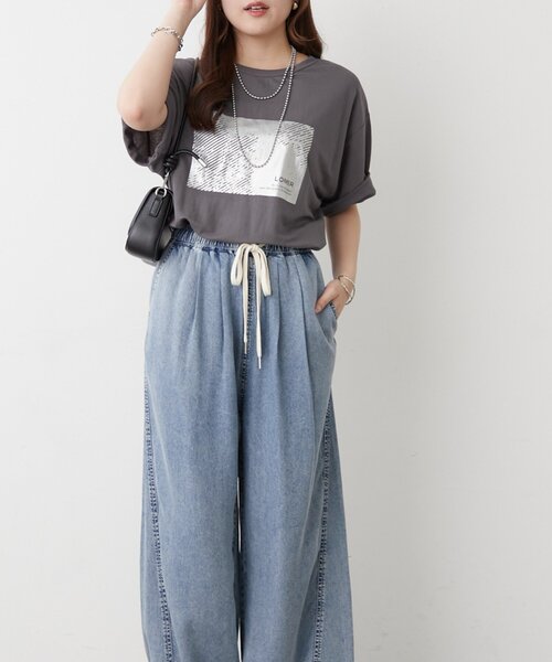 Remind me and forever（リマインドミーアンドフォーエバー）の「【ひんやりタッチ】接触冷感カノコ箔かすれプリントＴシャツ（Tシャツ/カットソー・レディース・オフホワイト/チャコールグレー/ブラック・FREE）」の10枚目の写真