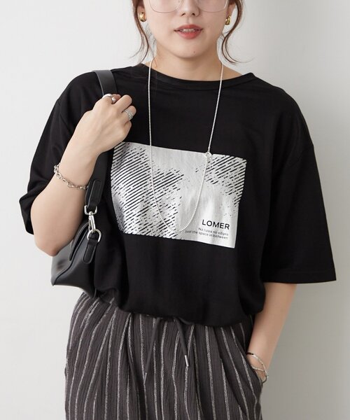 Remind me and forever（リマインドミーアンドフォーエバー）の「【ひんやりタッチ】接触冷感カノコ箔かすれプリントＴシャツ（Tシャツ/カットソー・レディース・オフホワイト/チャコールグレー/ブラック・FREE）」の14枚目の写真