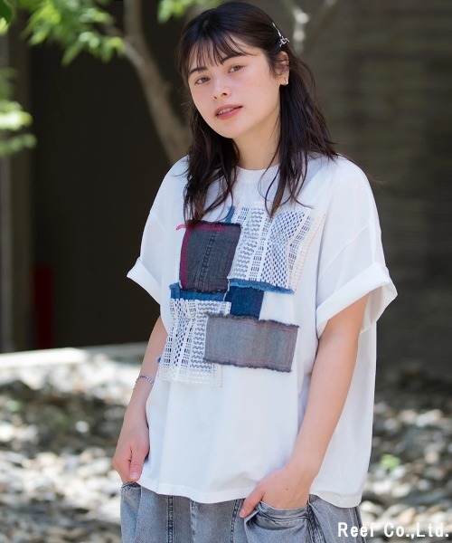 mililopiulu(ミリロピュール)の「mililopiulu/ミリロピュール レースMIX デニムパッチTEE(Tシャツ/カットソー・レディース・ホワイト/チャコールグレー・FREE)」の7枚目の写真