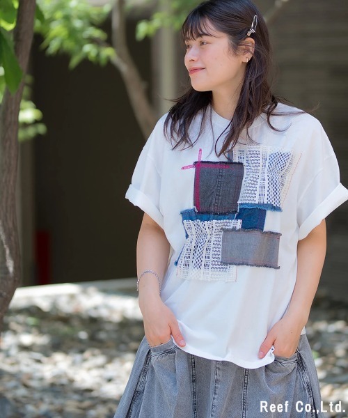 mililopiulu(ミリロピュール)の「mililopiulu/ミリロピュール レースMIX デニムパッチTEE(Tシャツ/カットソー・レディース・ホワイト/チャコールグレー・FREE)」の8枚目の写真