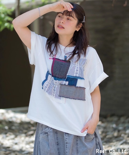 mililopiulu(ミリロピュール)の「mililopiulu/ミリロピュール レースMIX デニムパッチTEE(Tシャツ/カットソー・レディース・ホワイト/チャコールグレー・FREE)」の9枚目の写真