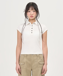 Button Cap Sleeve Collar Tee (White)