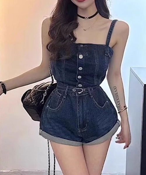 GLAMOROUS JANE(グラマラスジェーン)の「デニムショートパンツオールインワン(つなぎ/オールインワン・レディース・インディゴブルー・M/L)」の2枚目の写真
