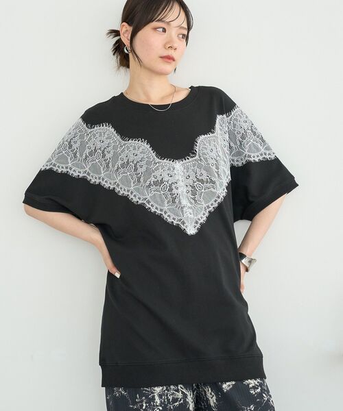 earth music&ecology（アースミュージックアンドエコロジー）の「レース切替ドルマン裏毛プルオーバー（スウェット・レディース・杢グレー/ブラック/グレー系その他2・FREE）」の6枚目の写真