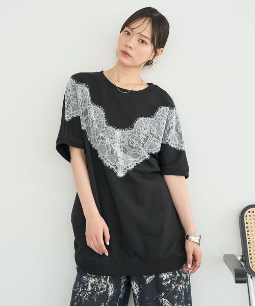 earth music&ecology（アースミュージックアンドエコロジー）の「レース切替ドルマン裏毛プルオーバー（スウェット・レディース・杢グレー/ブラック/グレー系その他2・FREE）」の7枚目の写真