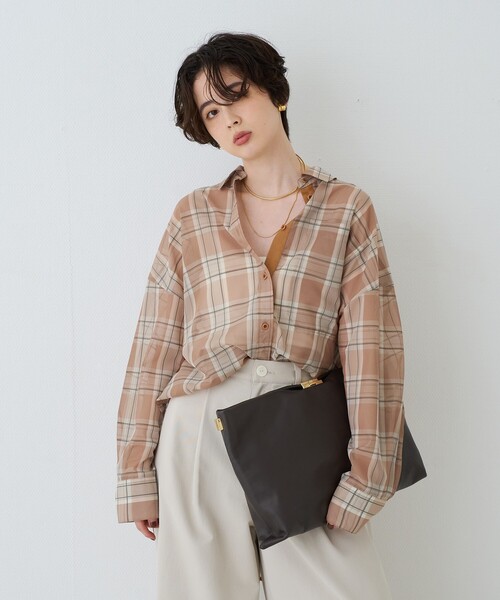 Rouge vif(ルージュヴィフ)の「P/R強撚シアーチェック2WAYシャツ/カシュクールシャツ(シャツ/ブラウス・レディース・グリーン/ベージュ・フリー)」の3枚目の写真