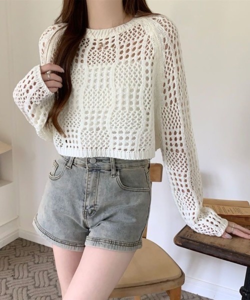 Beststore(ベストストア)の「クロシェ風 メッシュ かぎ編み ニット トップス ショート丈 長袖 透け感(ニット/セーター・レディース・ホワイト/ブラック/アイボリー/ピンク・FREE)」の2枚目の写真