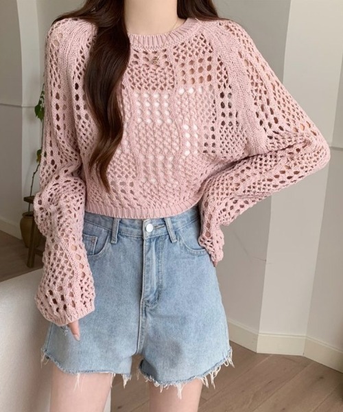 Beststore(ベストストア)の「クロシェ風 メッシュ かぎ編み ニット トップス ショート丈 長袖 透け感(ニット/セーター・レディース・ホワイト/ブラック/アイボリー/ピンク・FREE)」の1枚目の写真