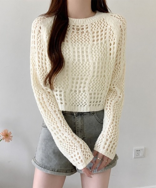 Beststore(ベストストア)の「クロシェ風 メッシュ かぎ編み ニット トップス ショート丈 長袖 透け感(ニット/セーター・レディース・ホワイト/ブラック/アイボリー/ピンク・FREE)」の3枚目の写真