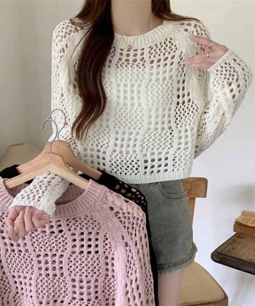 Beststore(ベストストア)の「クロシェ風 メッシュ かぎ編み ニット トップス ショート丈 長袖 透け感(ニット/セーター・レディース・ホワイト/ブラック/アイボリー/ピンク・FREE)」の7枚目の写真