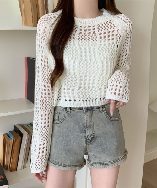 Beststore(ベストストア)の「クロシェ風 メッシュ かぎ編み ニット トップス ショート丈 長袖 透け感(ニット/セーター・レディース・ホワイト/ブラック/アイボリー/ピンク・FREE)」の9枚目の写真